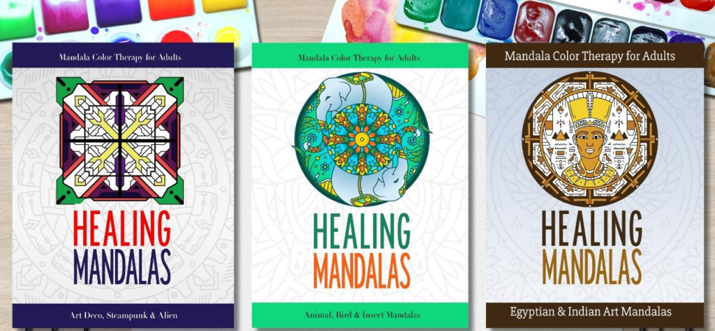 Book covers Healing Mandalas. Coloring books